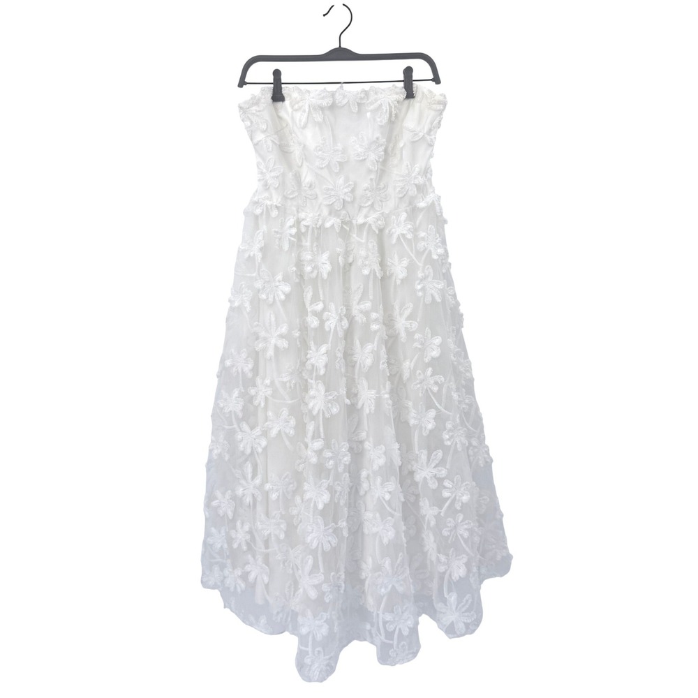 Angel Biba White 3D Floral Strapless Mesh Midi Dress Womens Size XL Bridal Party